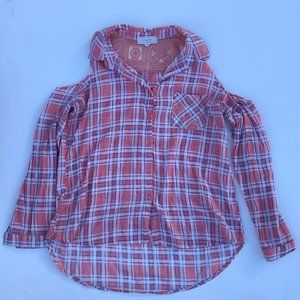 No Comment Pink Plaid with Lace Back and Front Pocket Half Sleeve Button Up Tank